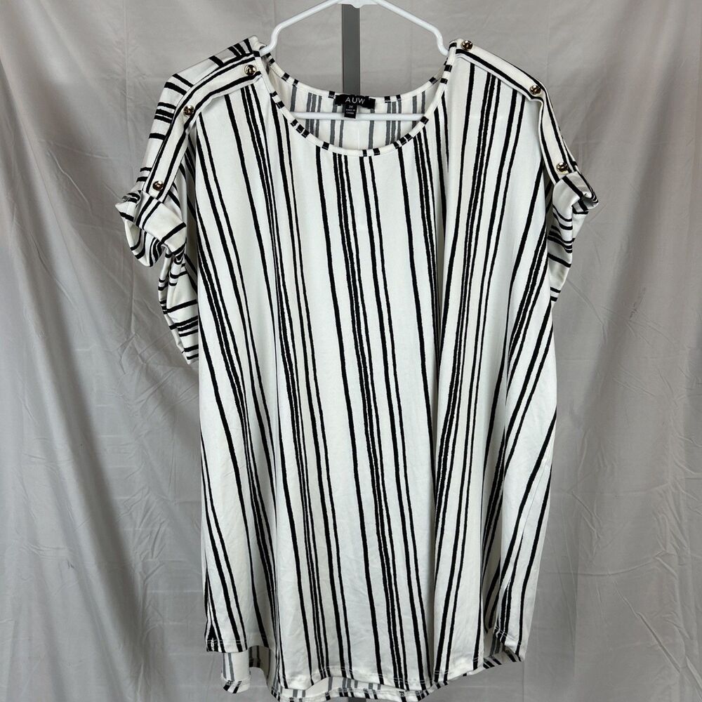 AUW  White Blouse With Black Stripes. Size 2XL Dressy Classic Shirt NWT